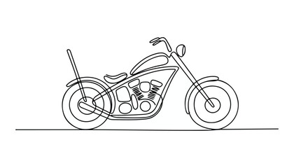 One continuous line illustration of an chopper bike , isolated on white background. © line