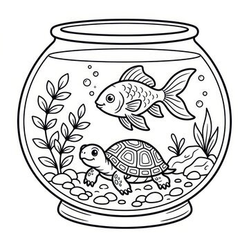 Goldfish and turtle in fishbowl line art