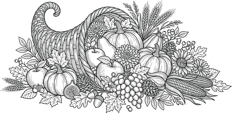 A cornucopia overflowing with fruits and vegetables including pumpkins, apples, and corn on a white background for coloring book pages.