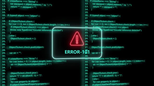 Dynamic digital interface displaying critical system error 101 notification over scrolling computer programming source code background, for cybersecurity, software, development, and technical failure