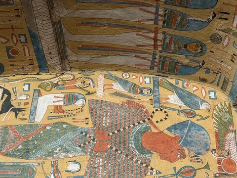 Ancient Egyptian Tomb Painting with Hieroglyphs