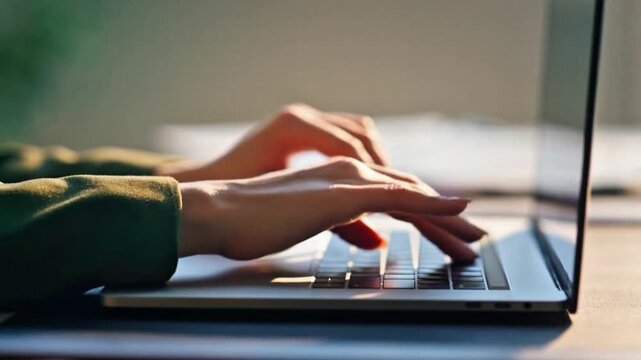 Close up of person typing on laptop keyboard at sunlit desk