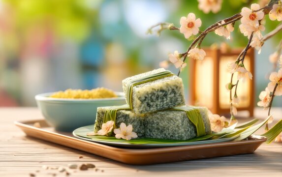 Vietnamese New Year Rice Cake with Flower Decoration and Foods