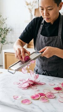 Professional Asian chef slicing fresh chioggia beetroot using mandoline in bright modern kitchen daylight