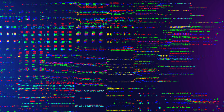 Glitching digital noise effect, abstract background of colorful pixels and lines with a vibrant purple and blue gradient. A representation of data corruption or technological interference.