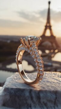 Romantic engagement ring with a large diamond sparkling in the sunset light, featuring the eiffel tower in the background, a perfect marriage proposal scene in paris