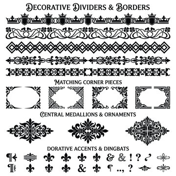 Assorted decorative dividers, borders, corners, medallions, and dingbats.