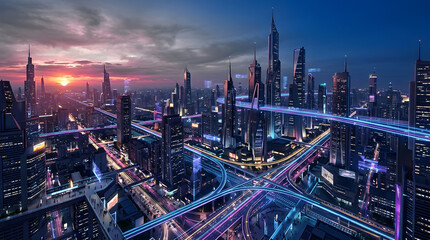 Obraz premium Futuristic cityscape with glowing elevated highways and skyscrapers under a vibrant sunset sky in a modern metropolis
