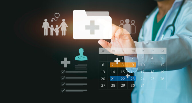 Doctor touching general medical services interface with calendar appointment and family health record. Concept of primary care, health insurance, and digital healthcare network data.