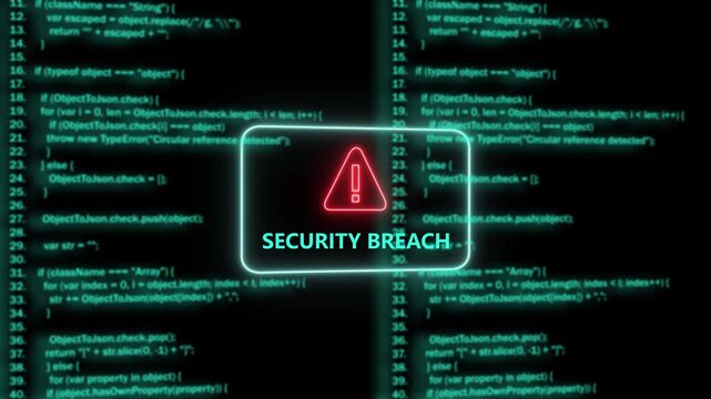 Cyber security breach warning alert with glowing red warning and digital programming code background, for advanced network, protection, data privacy, hacking prevention, and, information technology