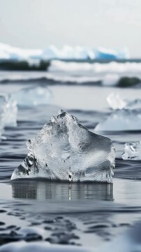 Melting iceberg on diamond beach, a stunning black sand volcanic shoreline in iceland, with ocean waves crashing against the ice and icebergs in the background