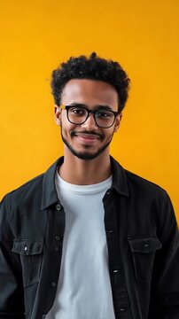 Handsome young african american man with glasses and curly hair looking up thoughtfully and then smiling warmly at the camera against a vibrant yellow background