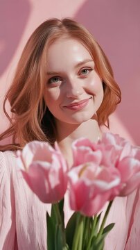 Beautiful young woman with blonde hair smelling pink tulips and smiling at the camera in a monochrome pink setting, celebrating spring with a fresh flower bouquet