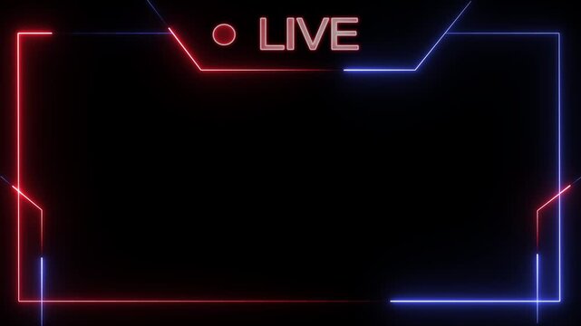 A 4K neon text frame animation commonly used for live streaming overlays. The design features glowing red and blue lines surrounding the word "LIVE" on a black background.