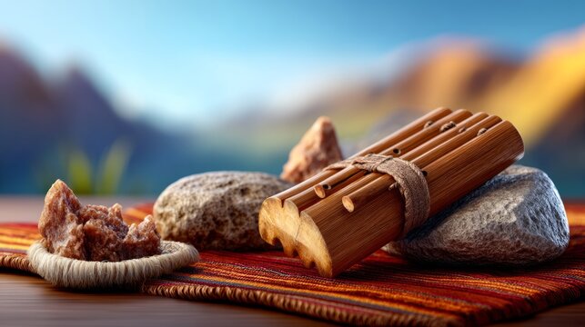 Wood Andean Pan Flute Siku Resting on Traditional Textile with Stones