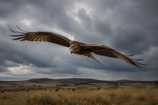A bird of prey circling low in a gray sky over a field.
