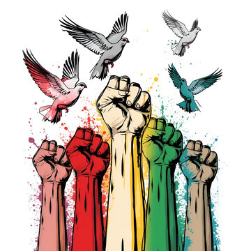 Peace Doves Above United Fists Symbol of Hope and Resistance/ fist hands on white background human right, social justice Civil Rights and Collective Power