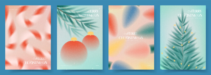 Fototapeta premium Merry Christmas and New Year posters. Gradient style vector cards with Christmas balls, fir tree, candy canes and typography design. Trendy minimalist New Year flyers.