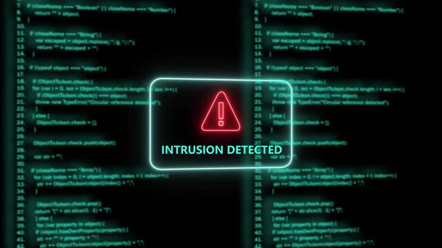 Cyber security alert system displaying intrusion detected warning message over glowing blue computer programming code background, for digital data, protection and network, infrastructure monitoring