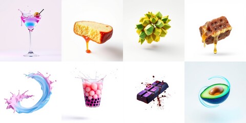 Fototapeta premium Collage displays vibrant food items. Drinks, desserts, fruit, chocolate present delicious options. Bright colors, clean backgrounds.