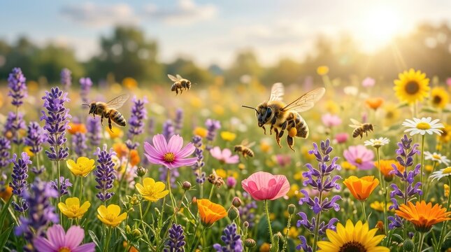 Honeybee day a vibrant field of flowers with busy bees collecting nectar on a sunny day