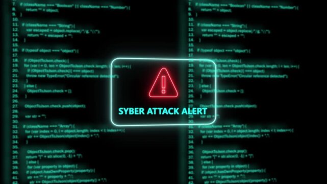 Urgent cyber attack alert warning sign flashing over digital computer programming code background, representing online security, breach threats, data, hacking risks, and, network vulnerability system