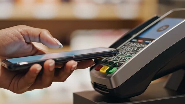 Customer's hand holding a smartphone and making a contactless payment using an nfc banking terminal at a retail store checkout, ensuring a fast and secure transaction