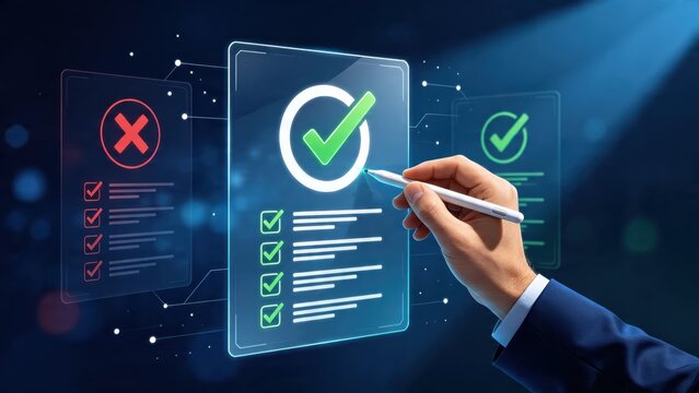Businessman hand checking box on futuristic digital interface screen, selecting option with stylus pen for online form, survey, voting or approval process concept