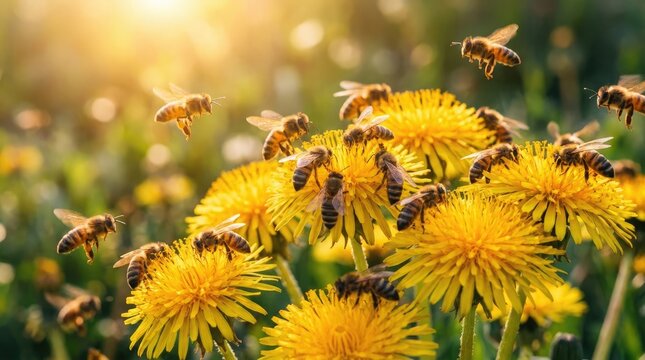 Celebrating honeybee day close up of honeybees pollinating vibrant yellow dandelion flowers in sunlight