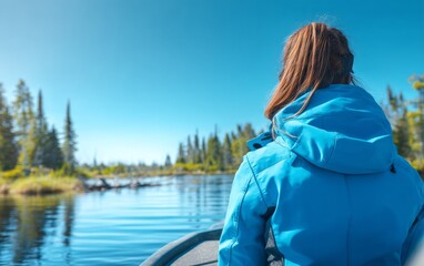 Fototapeta premium Woman in Bright Blue Jacket on Wildlife Tour Boat by Lake Water