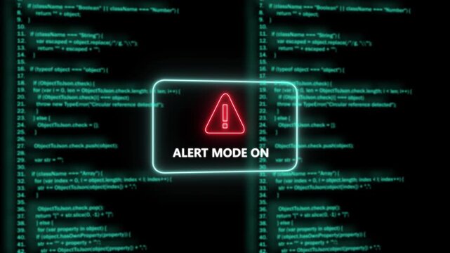 Dynamic cyber security alert mode on notification featuring glowing red warning over scrolling digital programming code background, for advanced software, development and network, protection concepts