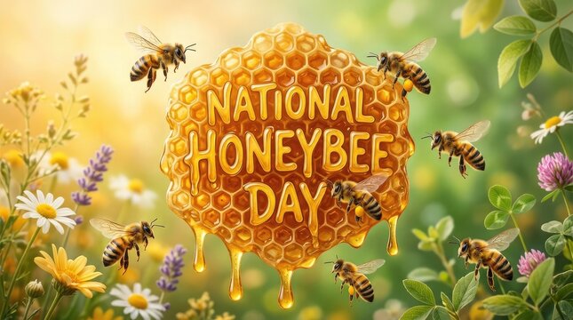 Celebrating national honeybee day bees on honeycomb with wildflowers pollinator awareness illustration
