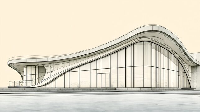 Contemporary architectural concept sketch featuring a sleek. 64k 8k widescreen, HDR,