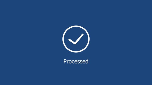 Minimalist digital interface animation featuring a loading spinner transitioning to a successful checkmark with processed text label for modern user experience and software application ui