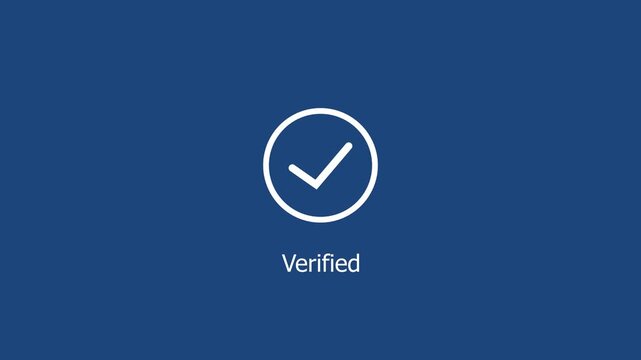 Verified status animation featuring a clean minimalist checkmark appearing on a solid dark blue background, for digital identity, authentication and secure, user account confirmation systems