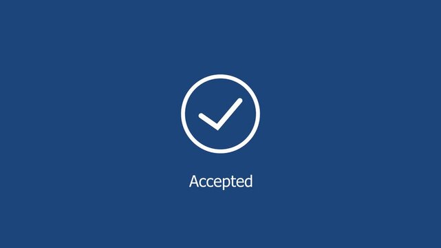Minimalist animated checkmark with accepted text label on a clean deep blue background, for user interface, digital confirmation, success, notification, and system validation
