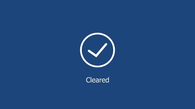Minimalist motion featuring a smoothly animated white checkmark appearing inside a circular border with the text cleared displayed below on a solid deep blue background, for ui ux