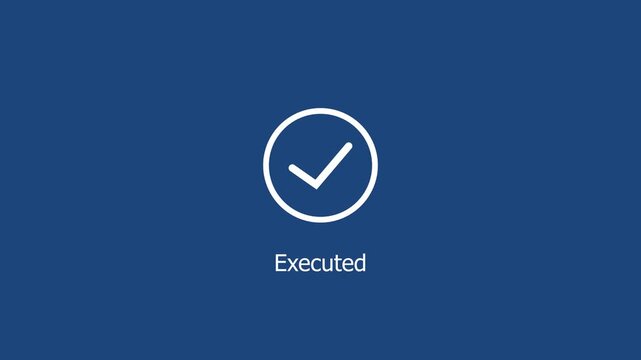 Minimalist motion featuring a clean white checkmark appearing inside a circular border with the text executed displayed below on a solid navy blue background, for corporate use