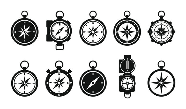 Navigation Compass Icon Collection Set Featuring Ten Different Vintage and Modern Directional Tools