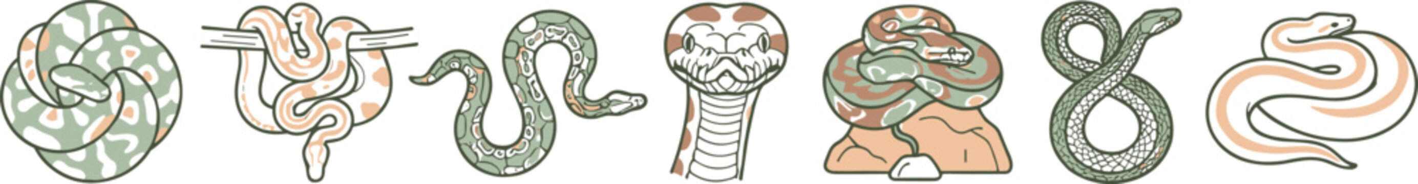 Snake Collection Featuring Cobra, Python, Viper, Coiled Serpents, and Minimal Wildlife Reptile Icons Editable Vector Illustration Set