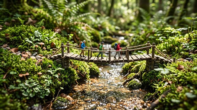 Hikers crossing a wooden bridge over a forest creek in a miniature tilt-shift style