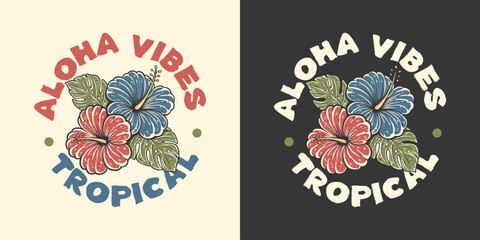Vintage Tropical Hibiscus Flowers with Monstera Leaves, Hawaiian Botanical, Summer, Paradise, Floral Hand Drawn Retro Design Vector Illustration © Jovi MIng