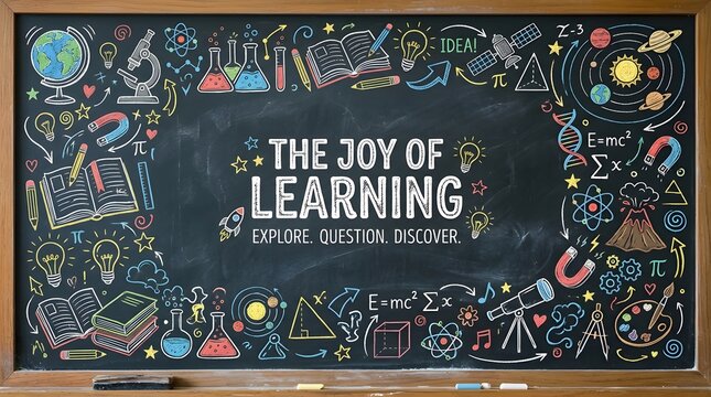 Chalkboard with the joy of learning text and colorful handdrawn educational doodles