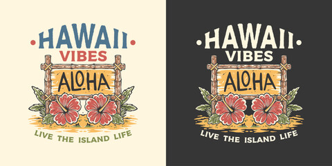 Vintage Hawaiian Aloha Wooden Bamboo Sign with Hibiscus Flowers, Tropical Island, Welcome, Summer, Travel Retro Design Vector Illustration © Jovi MIng