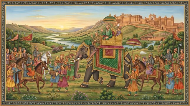 Grand royal elephant procession featuring a king and his entourage in a lush historical landscape.