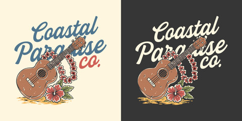 Vintage Hawaiian Ukulele with Flower Lei and Hibiscus Tropical, Coastal Paradise Music Island Lifestyle Hand Drawn Retro Design Vector Illustration © Jovi MIng