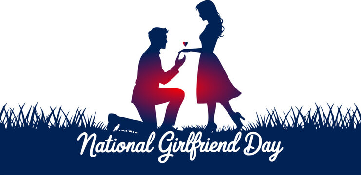 National Girlfriend Day romantic holiday graphic featuring a red and blue gradient silhouette of a man proposing on one knee to a woman over a dark blue grassy meadow field with white script typograph