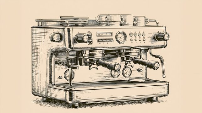 Vintage-style espresso machine illustration. 64k 8k widescreen, HDR,