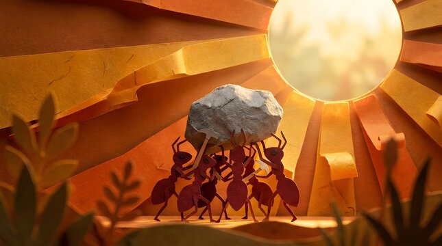 Group of ants working together to lift a heavy rock under bright sun, business teamwork and synergy concept
