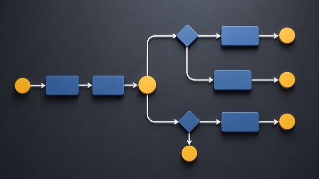 3D flowchart diagram of process workflow and decision tree with blue and yellow geometric shapes